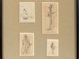 three framed drawings of a man in a top hat and a woman in a top hat