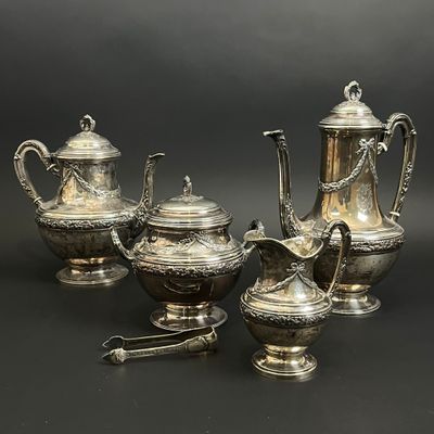 Service à thé et à café en argent 950 millièmes et bagues d'… - Photo 1