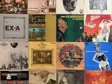 a collage of various album covers on a wall