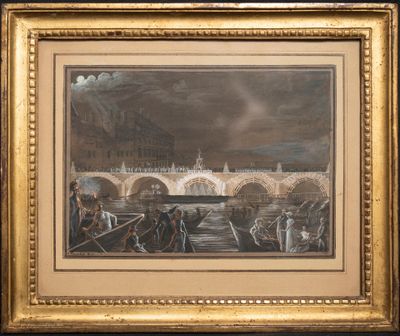 un tableau représentant un pont au-dessus d'une rivière, avec des personnes dessus