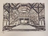 drawing of a drawing of a building with stairs and a staircase