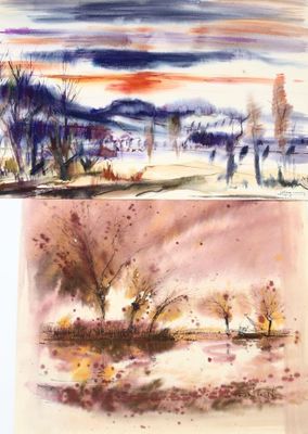 deux aquarelles représentant un paysage avec un bateau sur l'eau