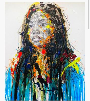 a painting of a woman with long hair and colorful paint on her face