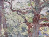 a painting of a large tree in the middle of a park