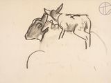 drawing of two cows standing next to each other with a peace sign in the background