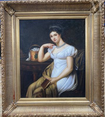 tableau représentant une femme en robe blanche assise à une table