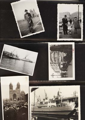 several old black and white photos of people and boats in a harbor