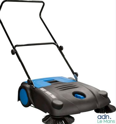 a close up of a blue and black lawn mower on a white background