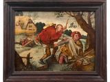 a painting of a man holding a stick next to a woman and a child