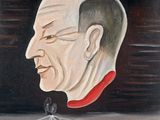 une peinture à l'huile représentant un homme en chemise rouge avec une araignée sur la tête