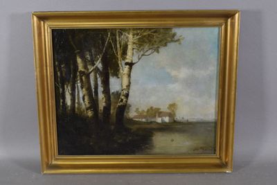 une peinture d'un paysage avec des arbres et une maison au loin