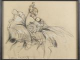 drawing of a woman sitting on a bed with a bottle in her hand