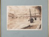 drawing of a boat on a river with a city in the background
