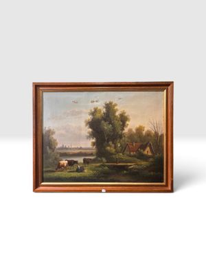 une peinture à l'huile représentant des vaches paissant dans un champ près d'une rivière