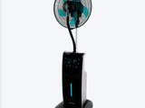 a fan that is sitting on a stand on a white background