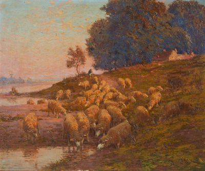 tableau représentant un troupeau de moutons s'abreuvant dans un ruisseau
