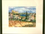 peinture représentant un paysage avec un château au loin et un plan d'eau au premier plan
