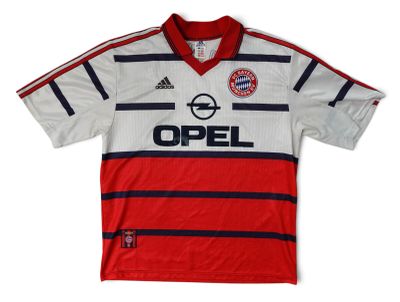 a red and white soccer jersey with a black and white stripe