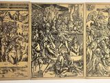 quatre panneaux d'un tableau représentant une bagarre entre deux hommes et une femme