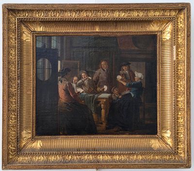 une peinture à l'huile représentant un groupe de personnes assises autour d'une table
