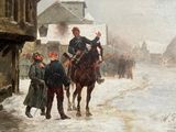 un tableau représentant un homme à cheval dans la neige