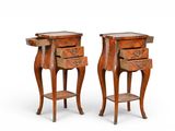 pair of antique bedside tables with drawers and a shelf on each side