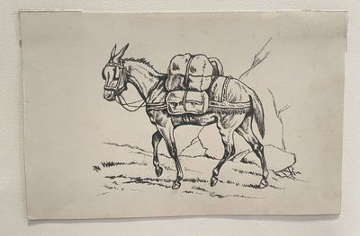 drawing of a man riding a horse with a pack on it ' s back