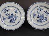two blue and white plates with flowers and leaves on them