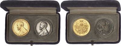 two gold and silver medals in a black case on a white background