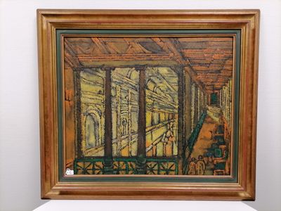 painting of a train station with a view of the tracks