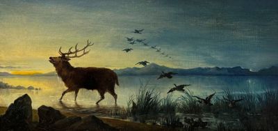 une peinture à l'huile représentant un cerf traversant un lac, avec des oiseaux en arrière-plan