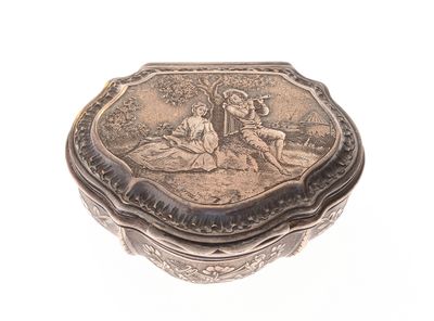 a silver box with a picture of a man and a woman on it