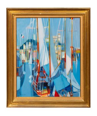 une peinture à l'huile représentant des voiliers amarrés dans un port par une journée ensoleillée