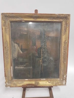 tableau représentant un homme dans une pièce avec une chaise et un miroir