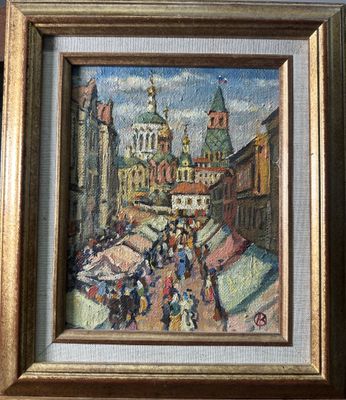 an oil painting of a city street scene with people walking by