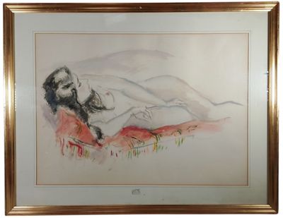 framed watercolor painting of a nude woman laying on her stomach