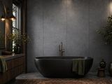 a bathtub in the middle of a bathroom with a rug on the floor