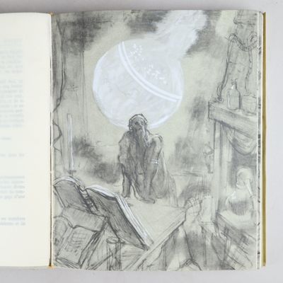 an open book with a drawing of a man in a dark room