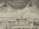 an old drawing of a large building with a clock on top of it
