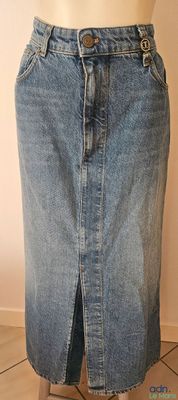 denim skirt with a buttoned front and a slit down the side