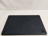 the back of a black laptop computer sitting on top of a white surface