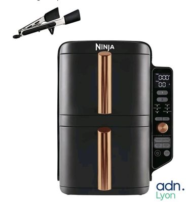 a close up of a black and gold air fryer and a black and gold air fryer
