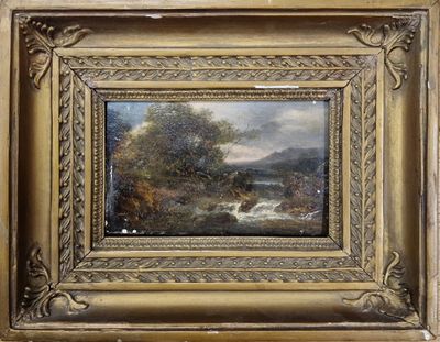 an oil painting of a landscape with a river in the foreground