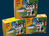 trois boîtes de jouets Lego représentant des lapins de Pâques sur fond bleu