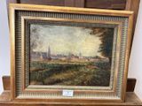 une peinture à l'huile d'un paysage avec une église au loin