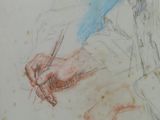 a drawing of a man sitting on a couch with his hand on his knee