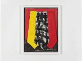 une peinture représentant une composition rouge, jaune et noire sur un mur blanc