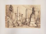 drawing of a drawing of a statue in front of a cityscape