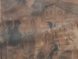 painting of a man and a woman in front of a building with a clock tower in the background