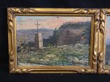 painting of a cross on a hill with a cross in the foreground